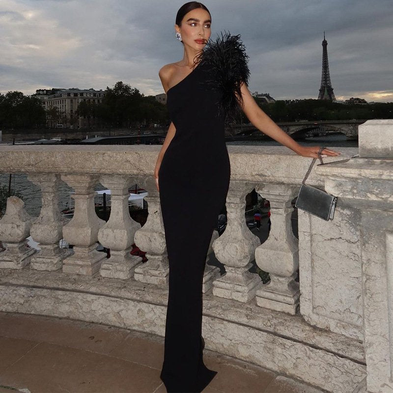 Long Fitted Evening Dress With Feathers