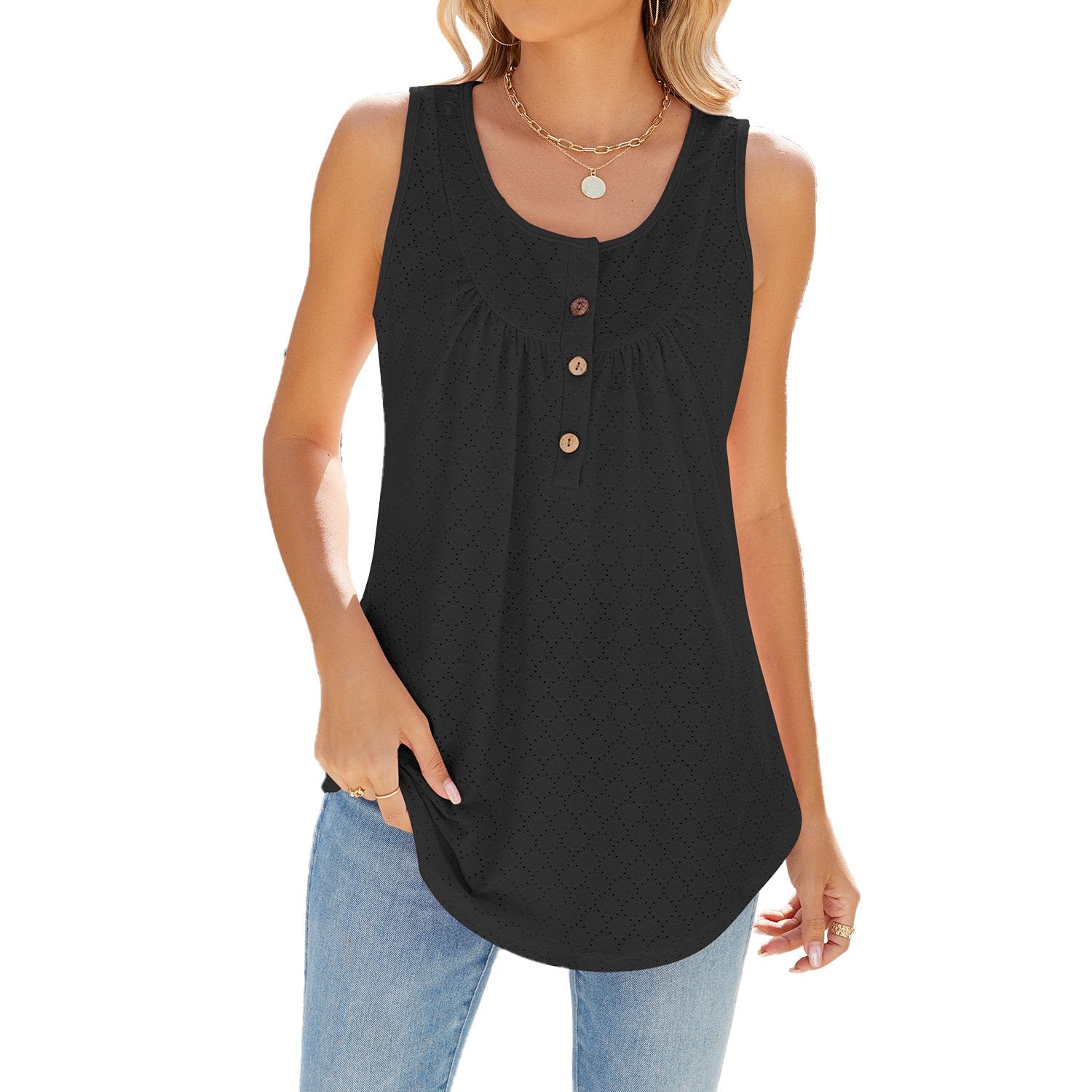 Pure Color Round Necked Button Down Tank Top Sleeveless