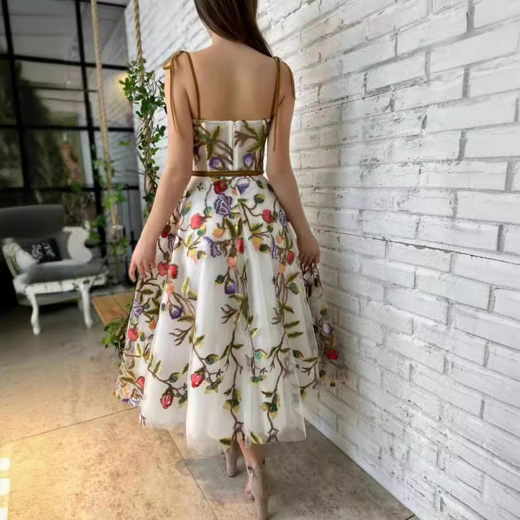 One shoulder strapless embroidered mesh long skirt