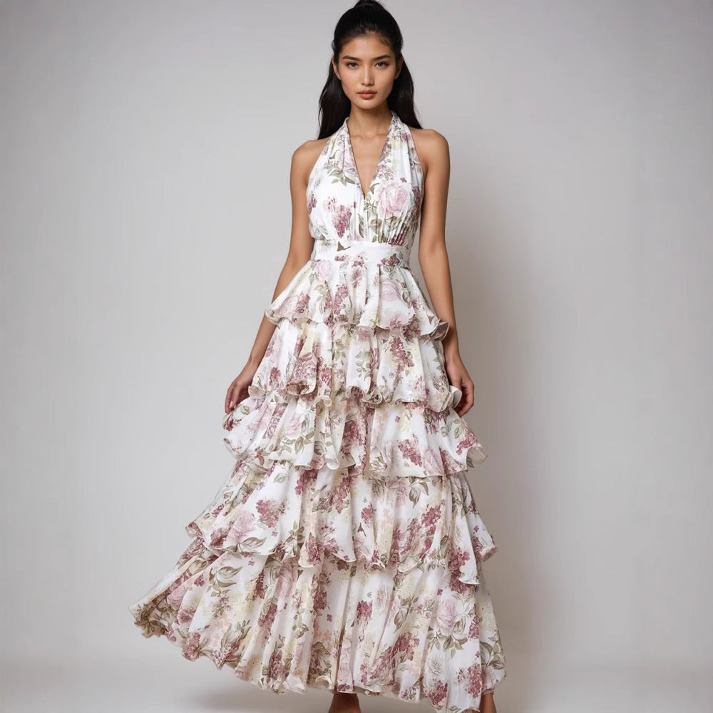 V-neck camisole multi-layer printed dress