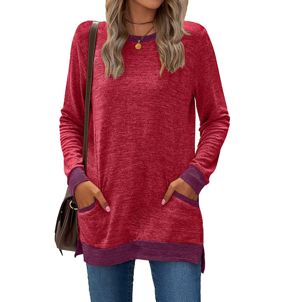 T-Shirt With Round Collar And Matching Color Pockets And Long Sleeves