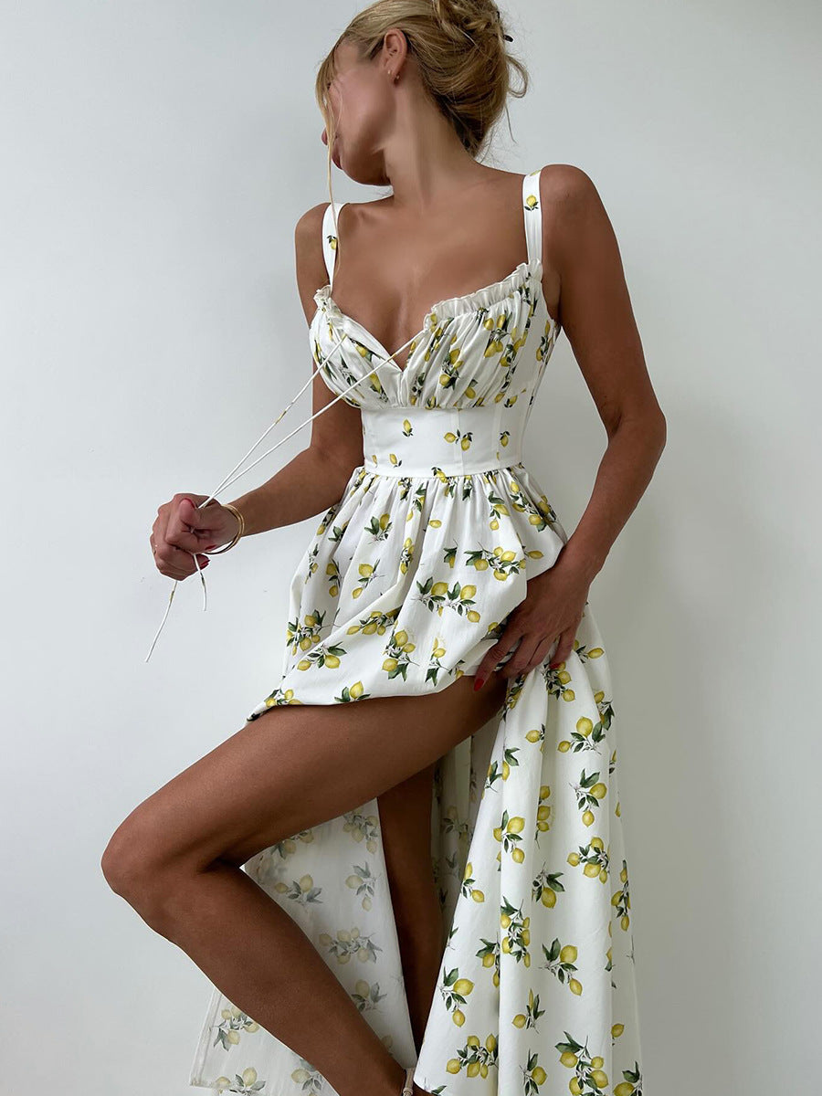 Split waist cinched lace up printed dress