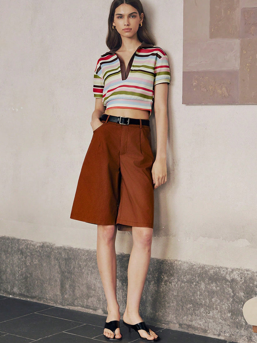 Temperament striped polo shirt