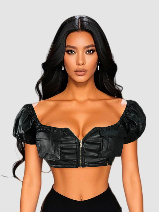 Sexy one shoulder PU leather strapless top