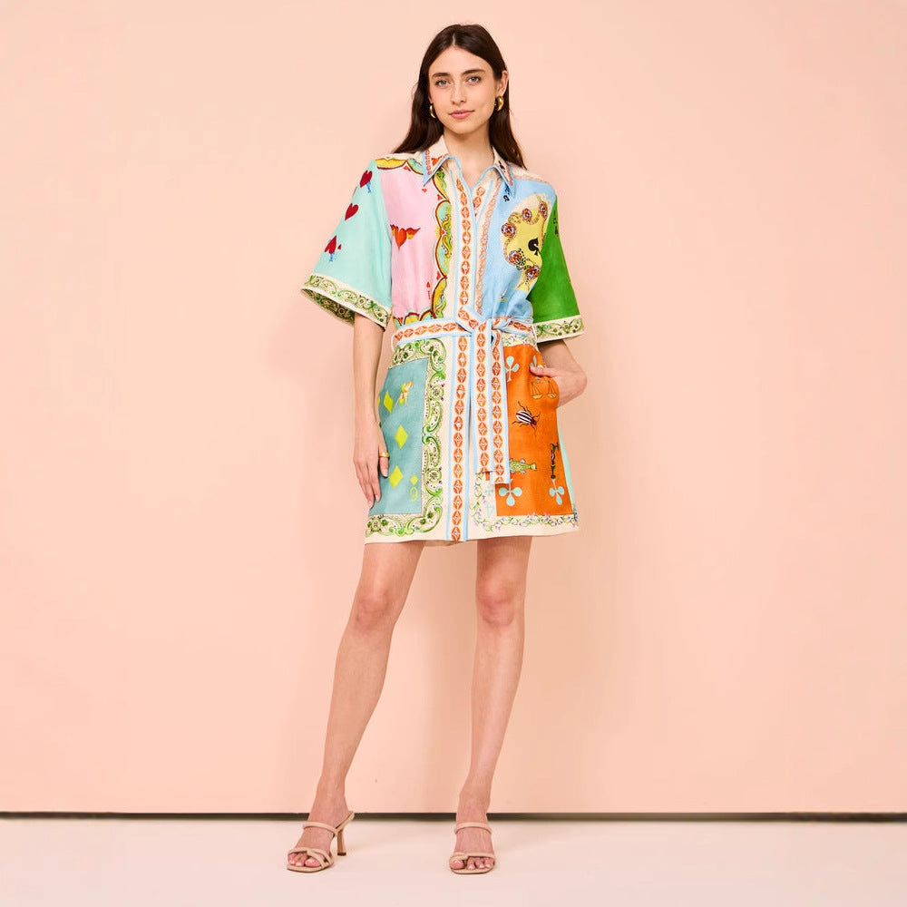 Printed vacation collar and waist cinching dress