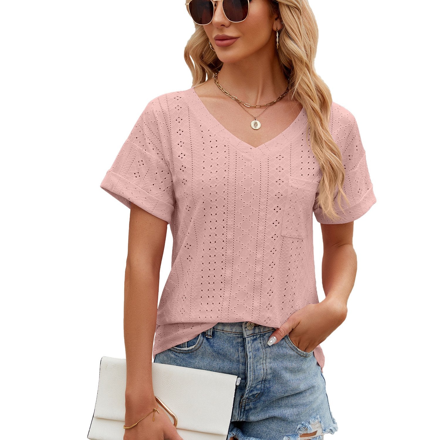 Solid Color Pocket V Collar Loose Short Sleeved T-Shirt Jacket Lady