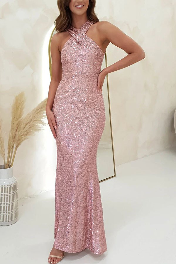 Halter Neck Sleeveless Sequin Dress