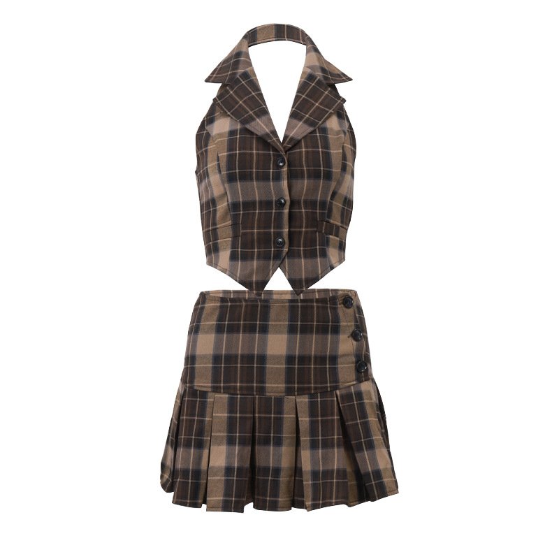 Plaid Vest Pleated Skirt Set