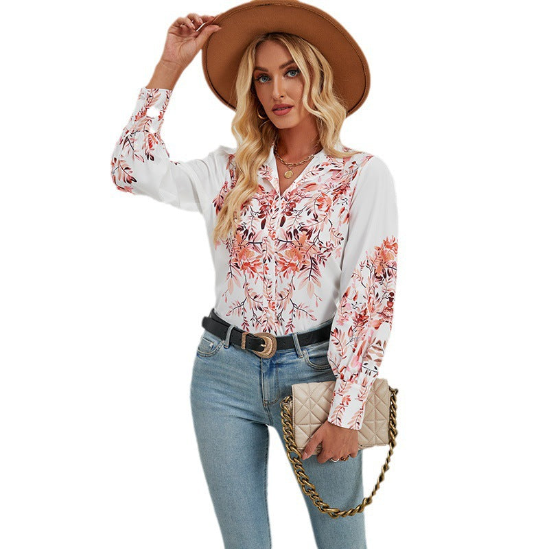 Elegant printed long sleeved stand up collar shirt