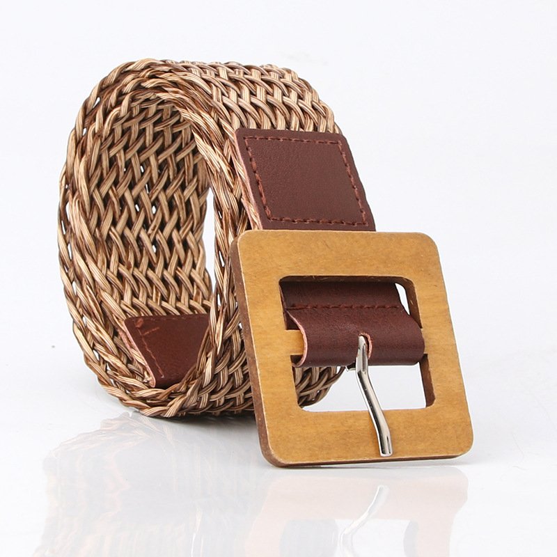 Braided Belt With Square Wooden Buckle