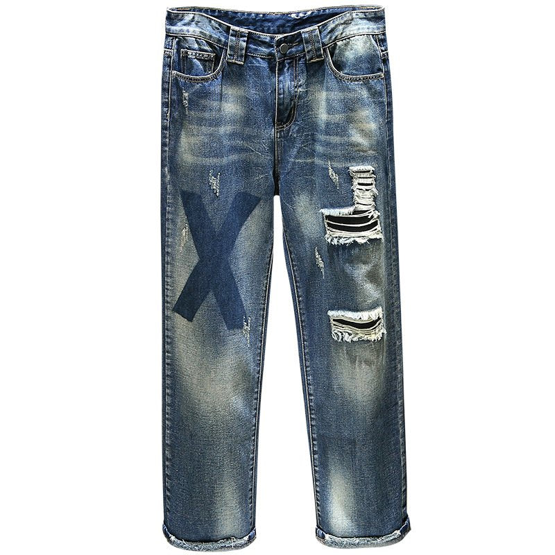 Torn Straight Leg Jeans Retro Patch Cloth