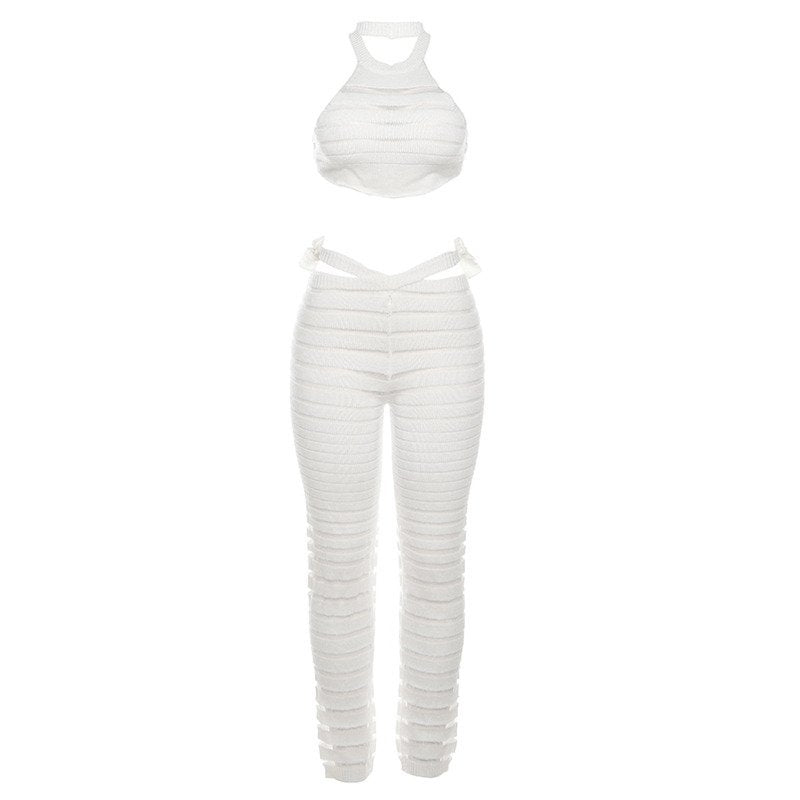 Transparent Striped Set With A Tie Back Top And Flared Pants