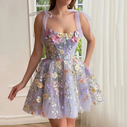 Elegant three-dimensional floral embroidery suspender dress