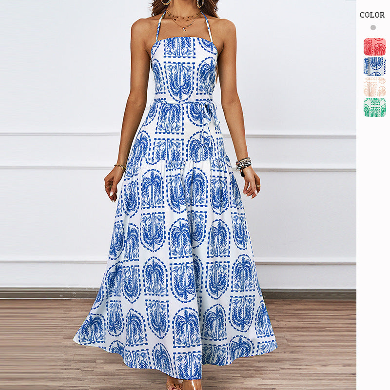 Summer neck print beach vacation dress