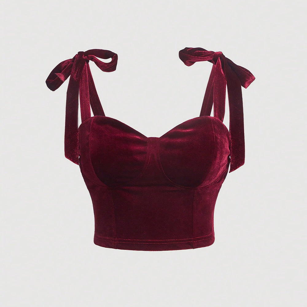 French retro velvet bow tie strapless top