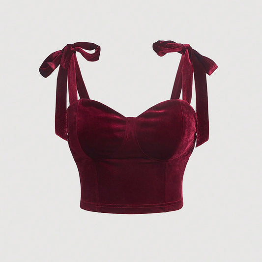French retro velvet bow tie strapless top