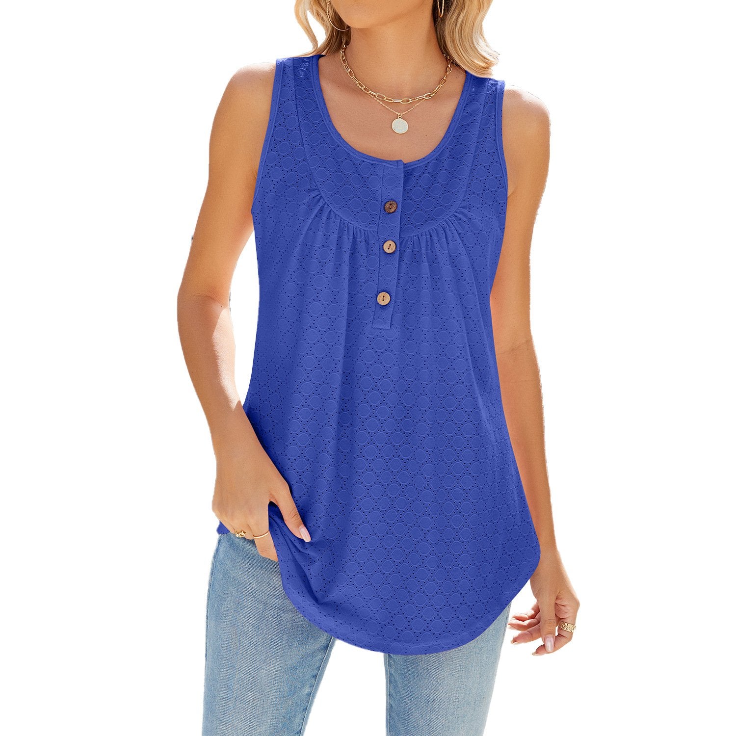 Pure Color Round Necked Button Down Tank Top Sleeveless