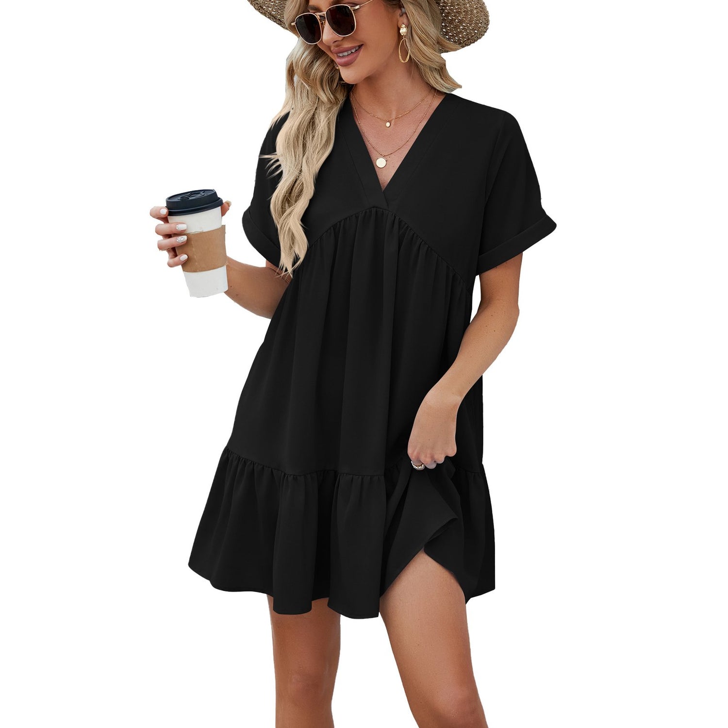 V-Neck Loose Pleated Dress