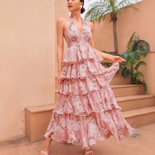 V-neck camisole multi-layer printed dress