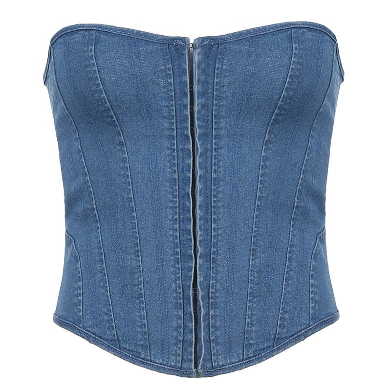 Solid Color Denim Top With Straps