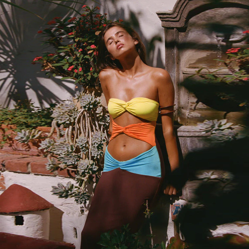 Color blocked strapless hollow out sexy dress