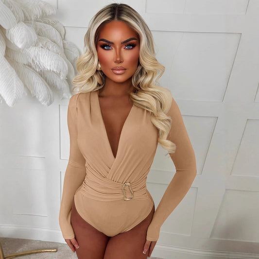 Fashionable V-neck tight fitting long sleeved jumpsuit