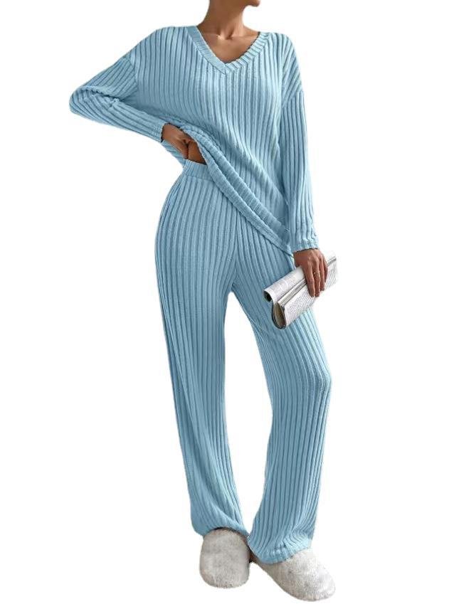 V Neck and Striped Loose Straight Leg Pants