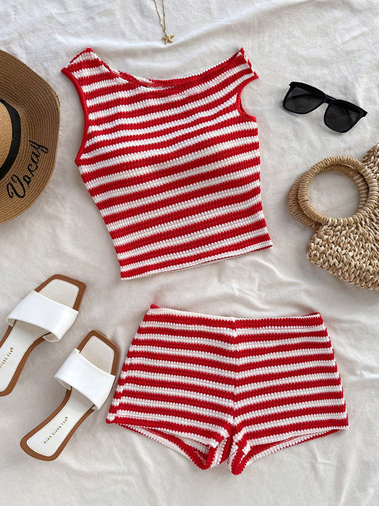 Playful striped vest shorts set