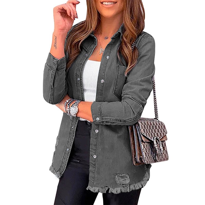 Long Sleeve Jacket With Distressed Long Sleeve Solid Color