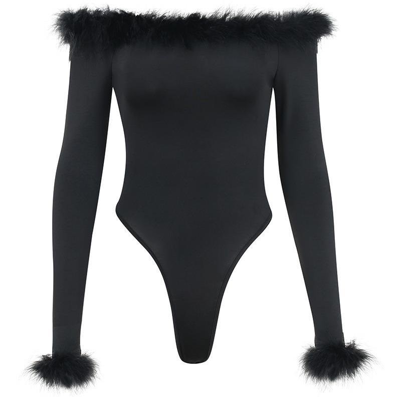 Long Sleeve Bodysuit With Bare Shoulders And Synthetic Hair On The Extremities As Decoration.