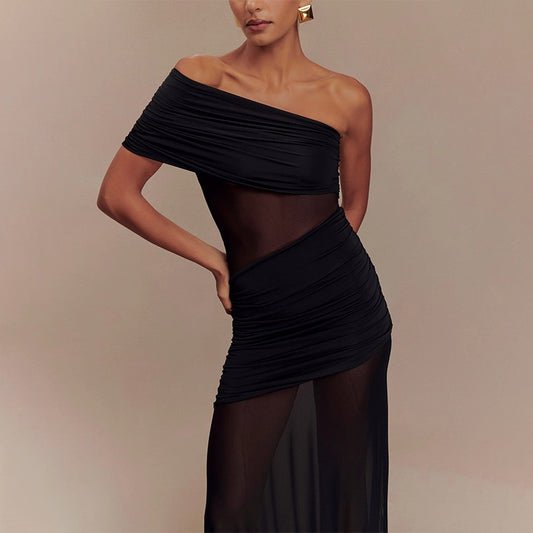 Diagonal shoulder mesh splicing perspective skirt