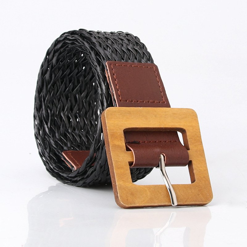 Braided Belt With Square Wooden Buckle