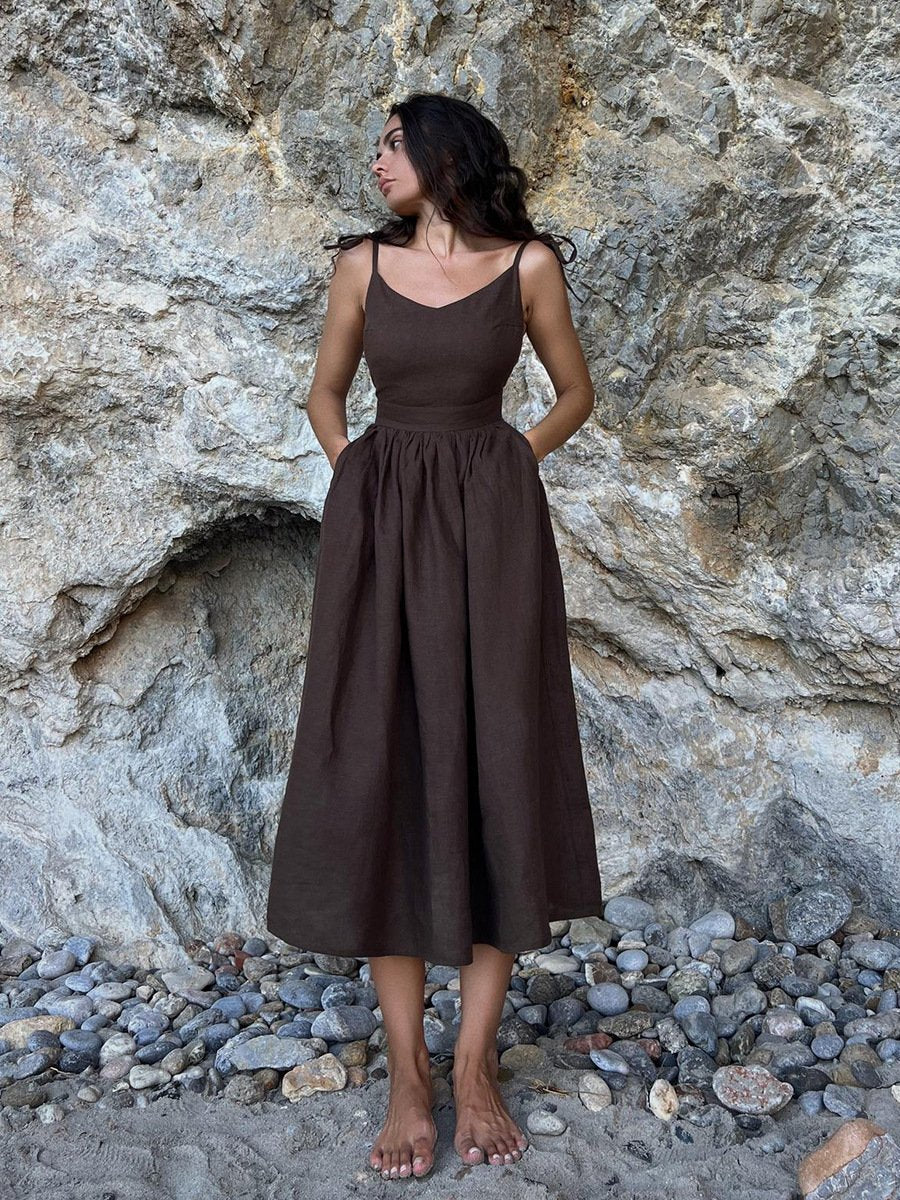 V-Neck Linen Slip Dress With Straps And Open Back