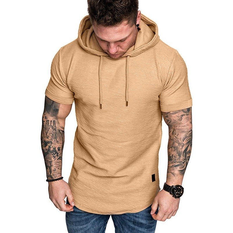 Men's casual solid color hooded T-shirt casual sports