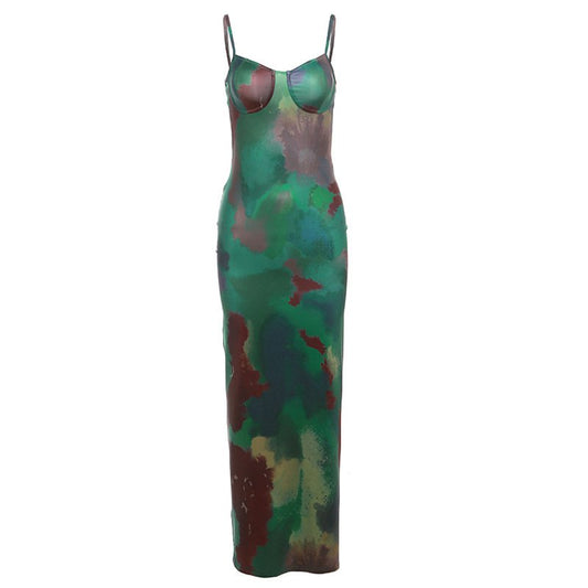 Hani Long Fitted Dress With Straps And Print