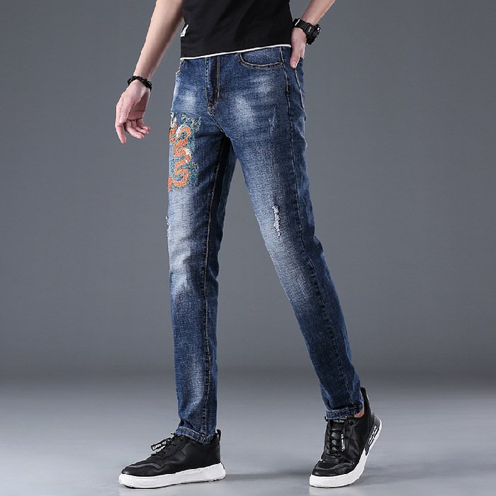 Embroidered Men's Jeans Dragon Pattern Slim Fit Long Pants