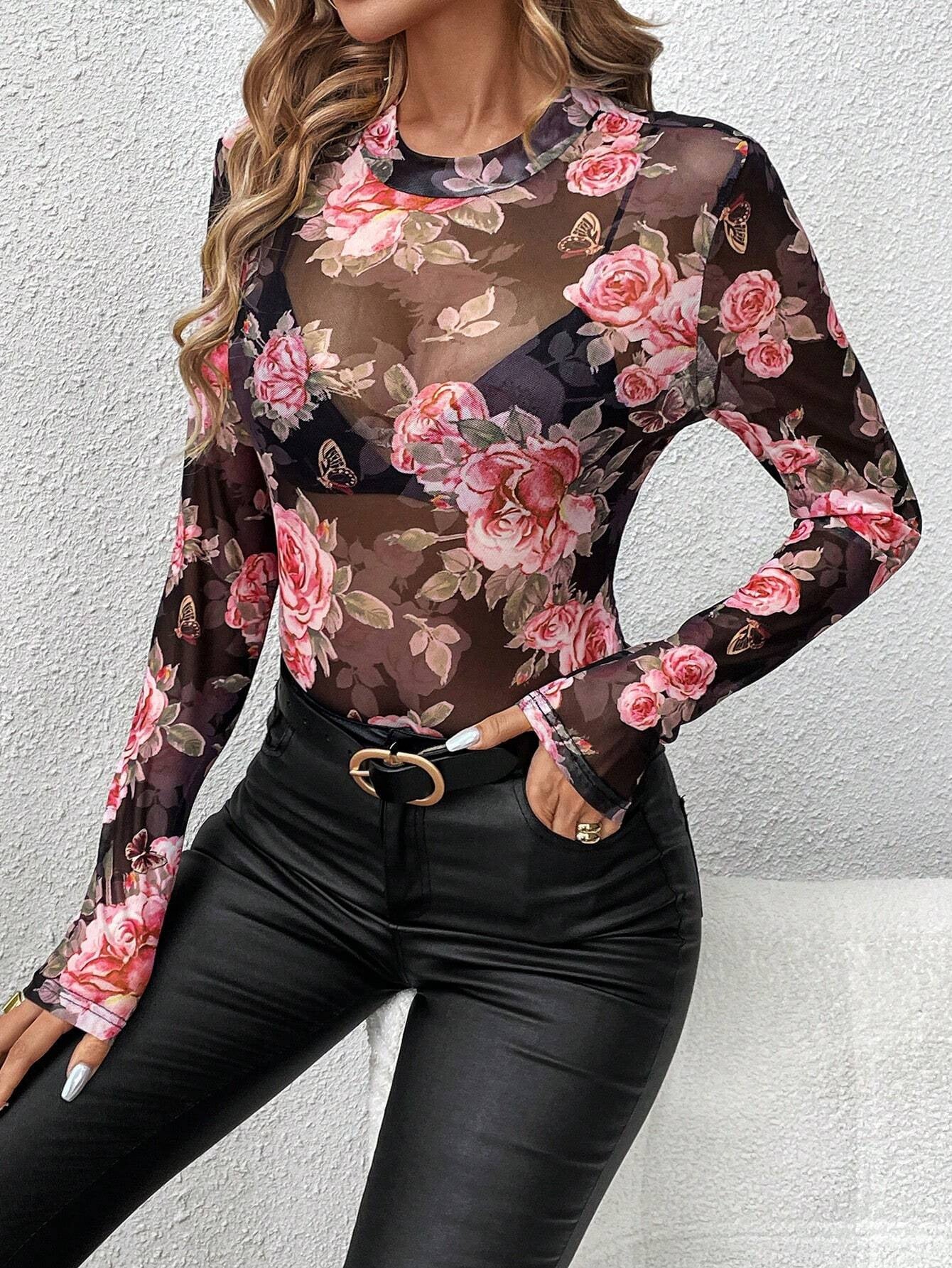Rose printed mesh slim fit top