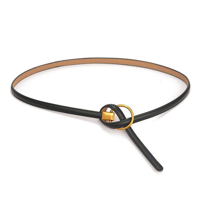 Thin Genuine Leather Belt with Bronze Circular Tie Knot