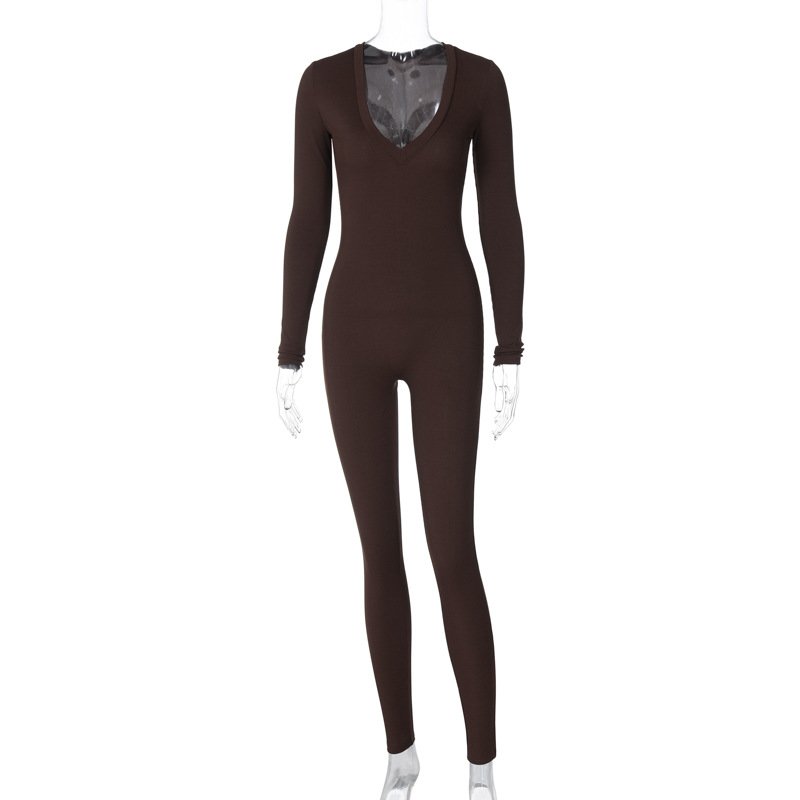 Solid Color Slim Fit Sports Long Sleeve Jumpsuit