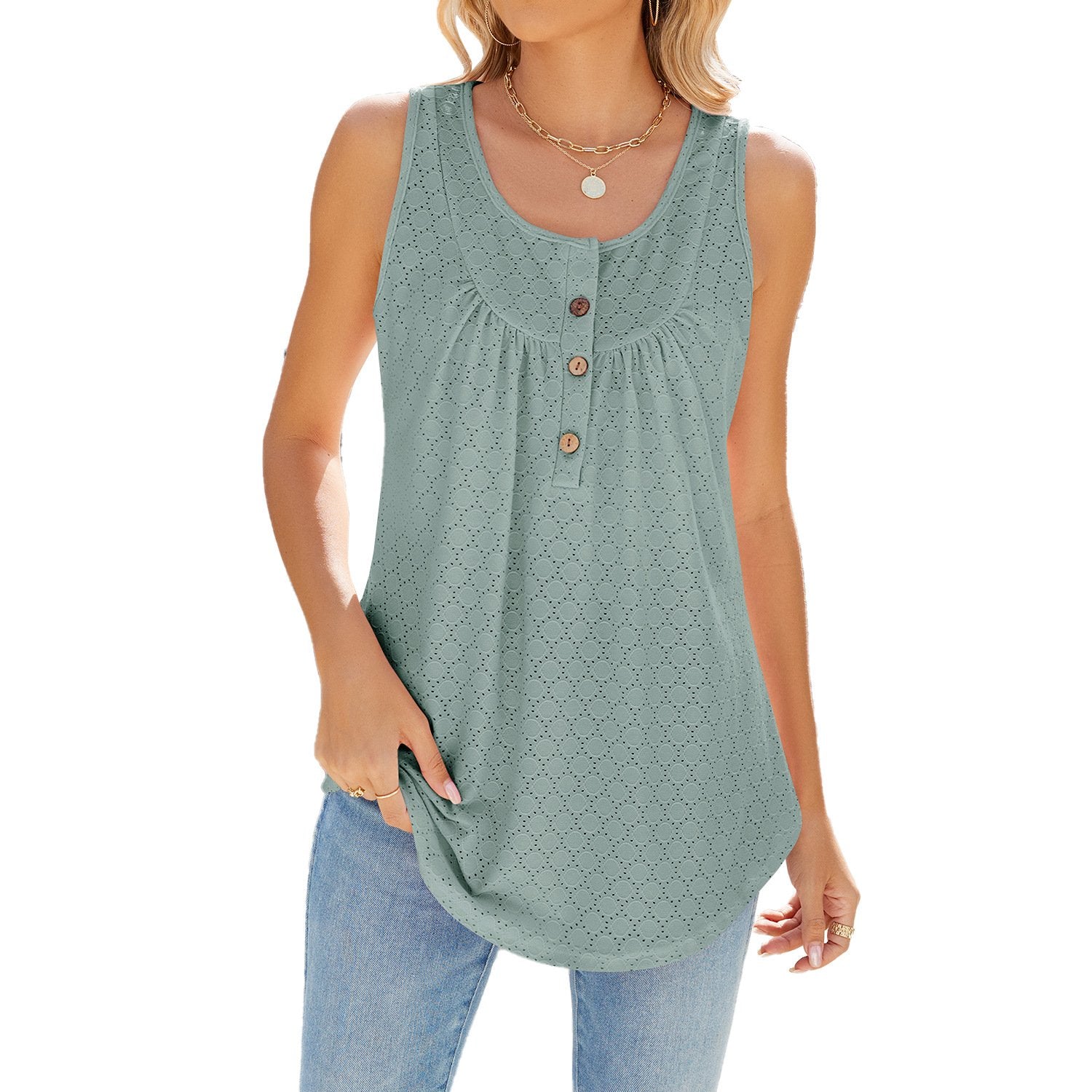 Pure Color Round Necked Button Down Tank Top Sleeveless