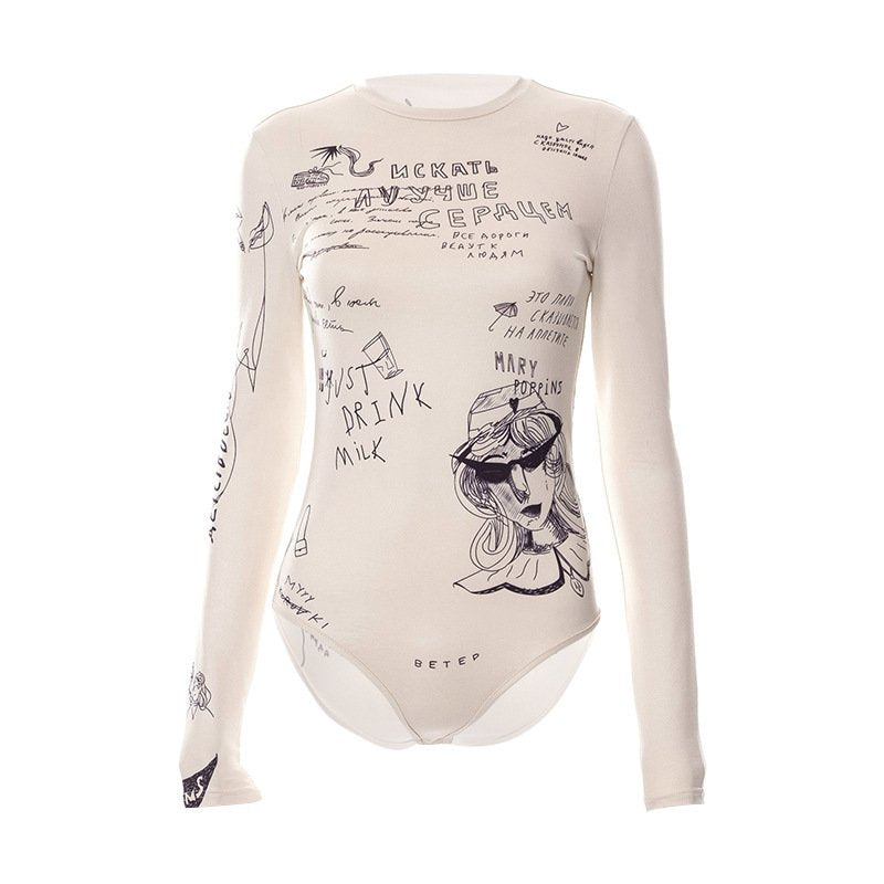 Printed Long Sleeve Round Neck Bodysuit