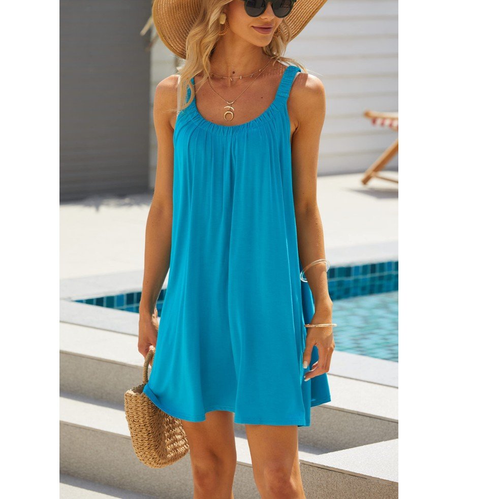 Short A-Line Dress With Straps And U-Neck