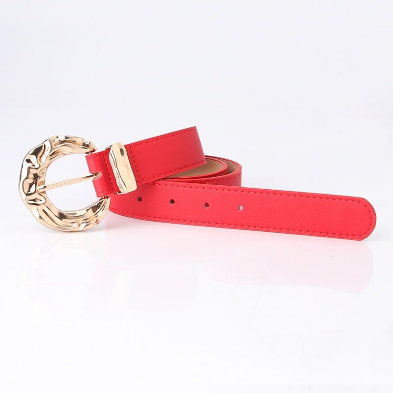 Belt With Engraved Concave And Convex Golden Buckle