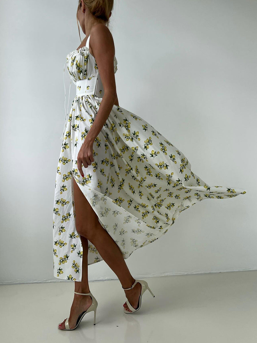 Split waist cinched lace up printed dress