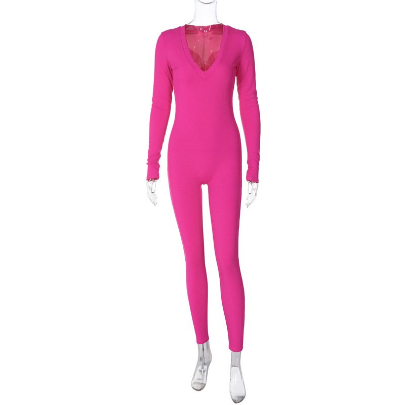 Solid Color Slim Fit Sports Long Sleeve Jumpsuit