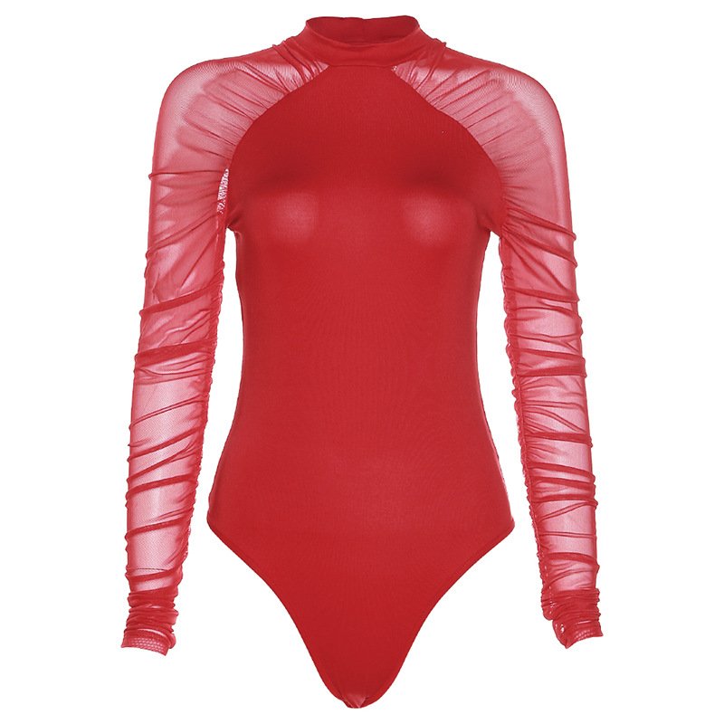 Closed Bodysuit With High Neck And Long Sleeves And Transparencies