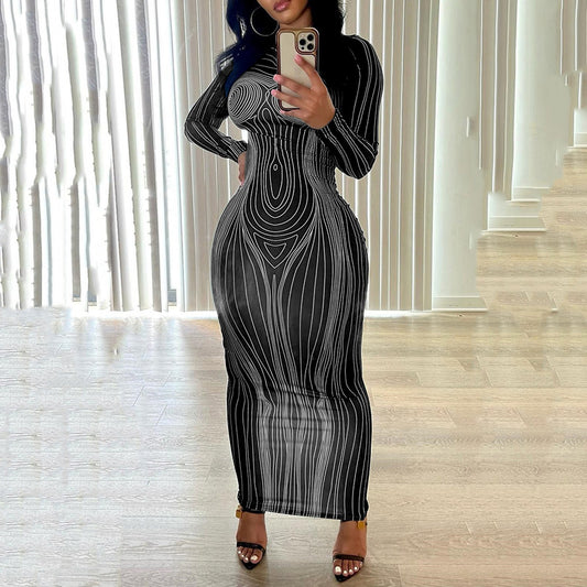 Printed Bodycon Dress with Long Sleeves