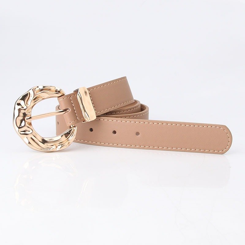 Belt With Engraved Concave And Convex Golden Buckle