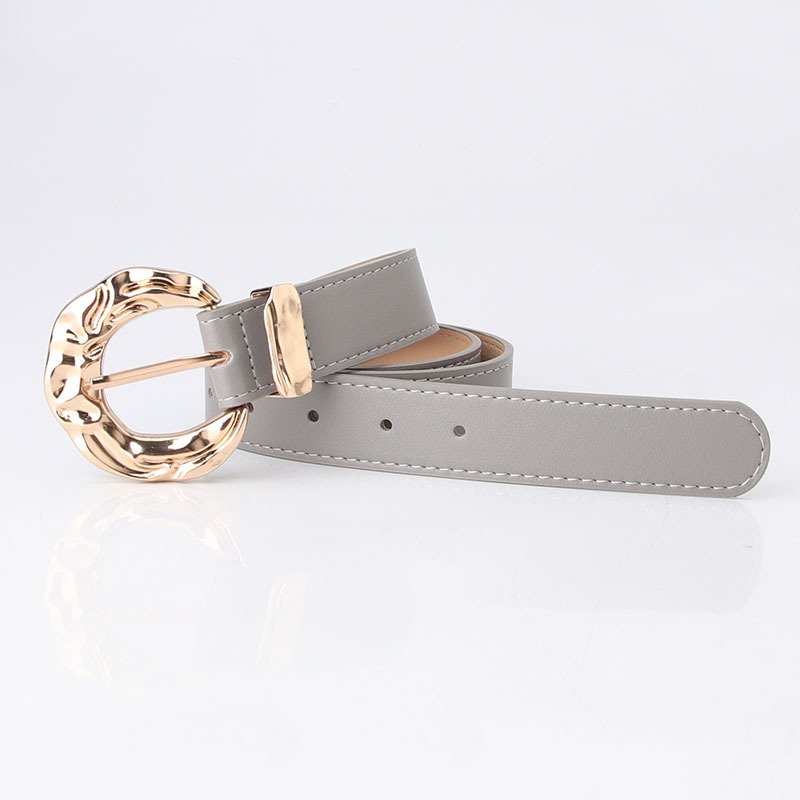 Belt With Engraved Concave And Convex Golden Buckle