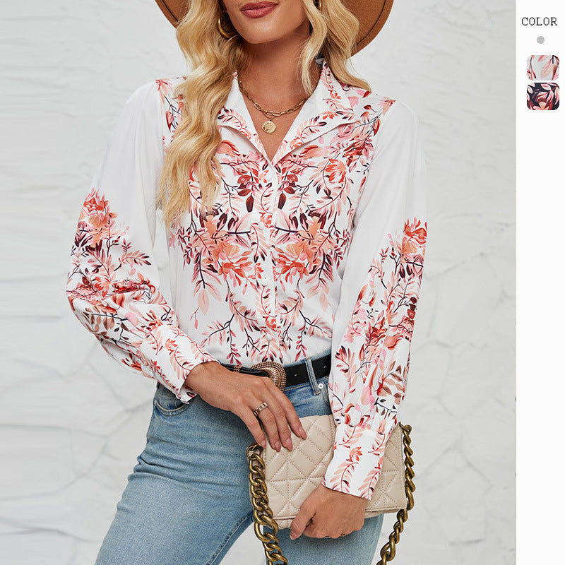 Elegant printed long sleeved stand up collar shirt